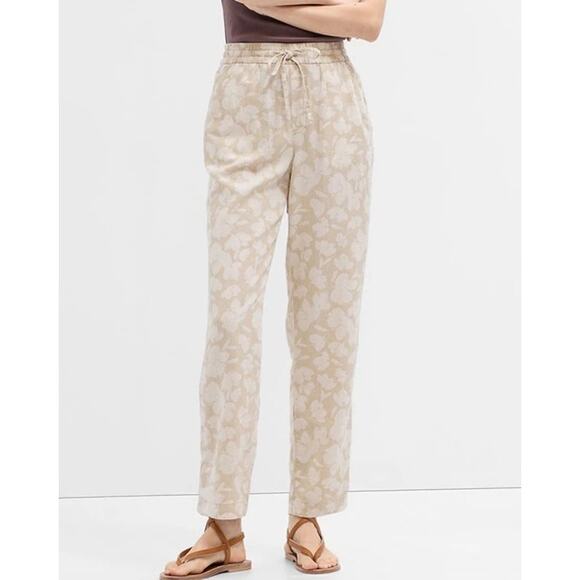Gap Tan + Cream Floral Leaf Print Pull On Easy Linen Blend Pant - XL - Picture 1 of 9